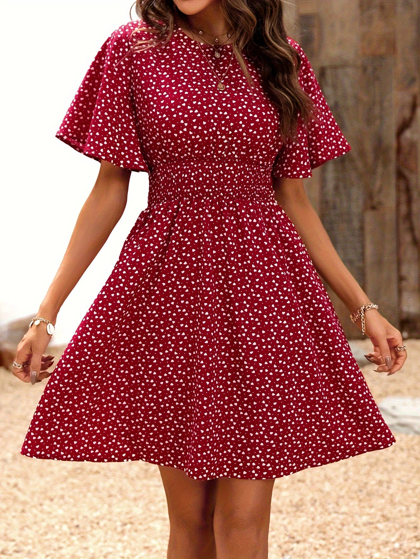 Allover Print Flutter Sleeve Dress, Casual Crew Neck Cinched Waist Shirred Dress, Women's Clothing