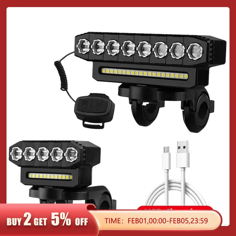 8 LED Bicycle Front Light USB Rechargeable 130dB Cycling Bike Horn Easy to Install 6 Modes Bicycle Bell Light