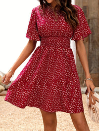 Allover Print Flutter Sleeve Dress, Casual Crew Neck Cinched Waist Shirred Dress, Women's Clothing